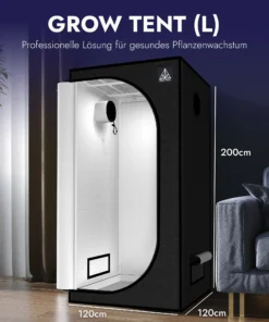 Treez Tools Grow Zelt Schwarz (L) 120x120x200 – Lichtdichtes, belüftetes Anbauzelt mit reflektierendem Mylar für Indoor-Pflanzenzucht.