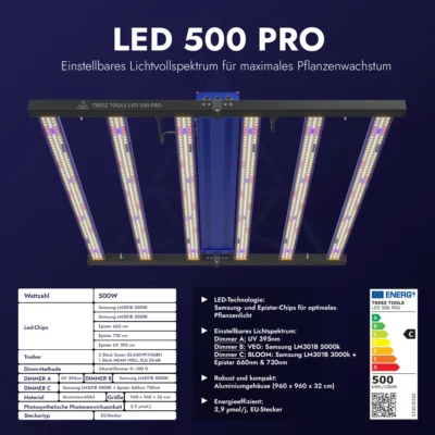 Treez Tools Grow Light LED 500 PRO energy-efficient full spectrum LED grow lamp 500W for indoor grow and cultivation, with flexible dimming function and UV light