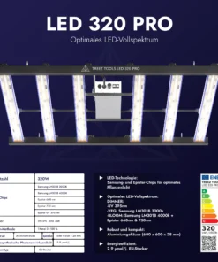 Treez Tools Grow Light LED 320 PRO energieeffiziente Vollspektrum LED Pflanzenlampe für Indoor-Anbau,, und maximale Erträge bei minimalem Stromverbrauch.
