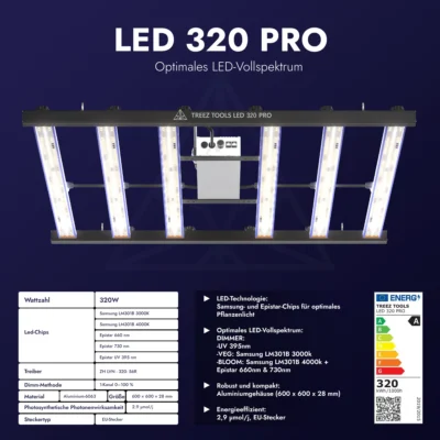Treez Tools Grow Light LED 320 PRO energy-efficient full spectrum LED plant lamp for indoor cultivation and maximum yields with minimum power consumption.