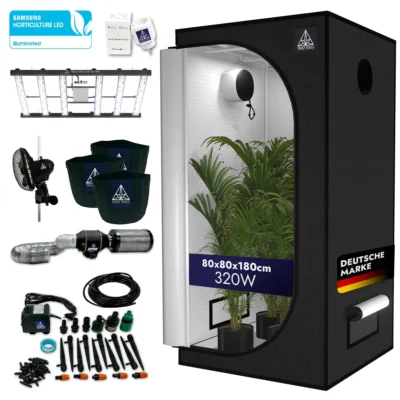 Treez Tools Grow Set S – Kompaktes Indoor-Garten Set mit 320W LED Anbau Lampe, Anbau Zelt, Belüftungssystem, Ventilator, Bewässerungssystem und 3 Töpfen für optimale Pflanzenzucht