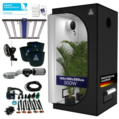 Treez Tools Grow Set M – 500W LED Grow Lampe, Grow Zelt, Belüftungssystem, Ventilator und Bewässerungssystem für den Indoor-Gartenbau