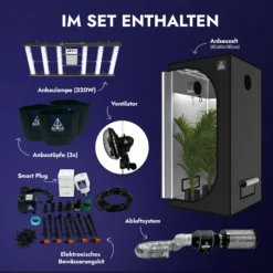 Treez Tools Grow Set S – Kompaktes Indoor-Garten Set mit 320W LED Anbau Lampe, Anbau Zelt, Belüftungssystem, Ventilator, Bewässerungssystem und 3 Töpfen für optimale Pflanzenzucht