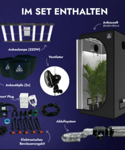 Treez Tools Grow Set S – Kompaktes Indoor-Garten Set mit 320W LED Anbau Lampe, Anbau Zelt, Belüftungssystem, Ventilator, Bewässerungssystem und 3 Töpfen für optimale Pflanzenzucht