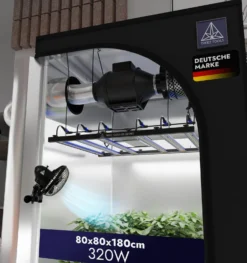 Grow Set S Komplett – 320W LED PRO Grow Lampe, Grow Zelt, Belüftungssystem, Ventilator, Smart Plug, Bewässerungssystem & 3 Grow Töpfe