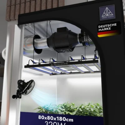 Grow Set S Komplett – 320W LED PRO Grow Lampe, Grow Zelt, Belüftungssystem, Ventilator, Smart Plug, Bewässerungssystem & 3 Grow Töpfe