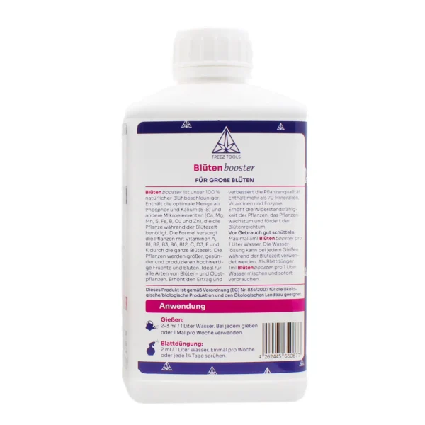 Blüten Booster, ein 100 % natürlicher Flüssigdünger mit N-P-K 2-5-8, angereichert mit Kalzium, Magnesium und Eisen, für optimale Blütenproduktion und gesunde Pflanzen
