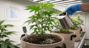 Wasserbedarf von Cannabispflanzen – richtige Bewässerung je nach Wachstumsstadium (junge Pflanzen wenig, ältere mehr), Klimafaktoren (Hitze erhöht Bedarf) und Bodenfeuchtigkeit (Finger-Test oder Feuchtigkeitsmesser). Staunässe vermeiden. Für präzise Bewässerung eignet sich das elektronische Tropfbewässerungsset von Treez Tools.