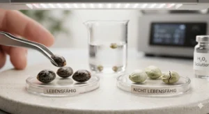 Vergleich von lebensfähigen dunklen Cannabissamen und unreifen hellen Samen für einen Keimtest.