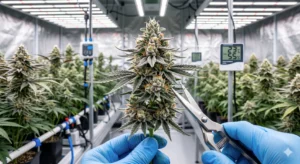 Cannabisblüten Qualität maximieren – 5 Umweltfaktoren: Licht (Vollspektrum-LED mit Rotlichtanteil für Blüte), Luftfeuchtigkeit (40-50% in Blütephase), Temperatur (20-28°C für Terpen- und Cannabinoidbildung), Belüftung (Umluftventilatoren für CO₂-Austausch) und CO₂ (1000-1500 ppm steigern Ertrag bis 20%).