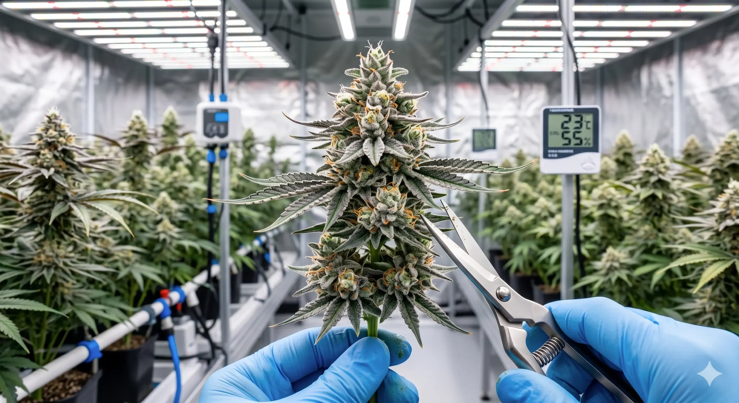 Cannabisblüten Qualität maximieren – 5 Umweltfaktoren: Licht (Vollspektrum-LED mit Rotlichtanteil für Blüte), Luftfeuchtigkeit (40-50% in Blütephase), Temperatur (20-28°C für Terpen- und Cannabinoidbildung), Belüftung (Umluftventilatoren für CO₂-Austausch) und CO₂ (1000-1500 ppm steigern Ertrag bis 20%).
