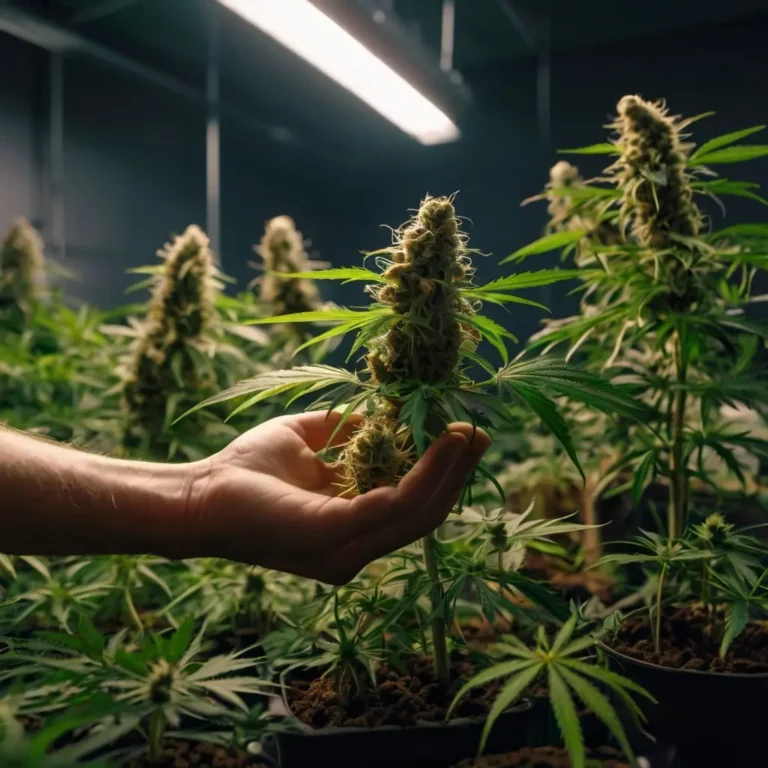Vegetatives Wachstum von Cannabis – Optimale Bedingungen: 18 Stunden Licht (blau-lastig), Temperatur 22-28°C, Luftfeuchtigkeit 40-70%, stickstoffbetonte Nährstoffe. Trainingstechniken wie LST, Topping und Beschneiden fördern buschiges Wachstum für höhere Erträge.