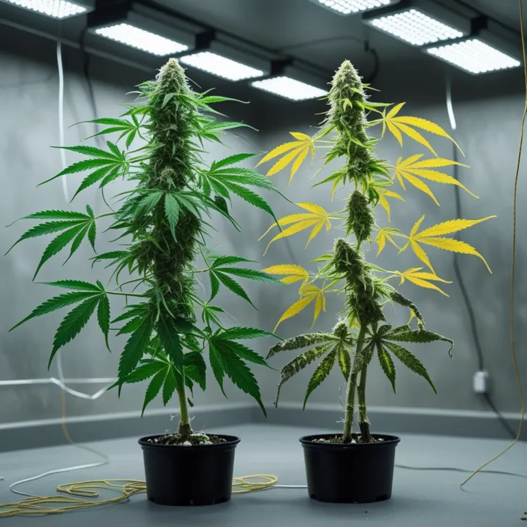 Häufige Cannabis-Krankheiten erkennen und bekämpfen – Mehltau (weißer Belag), Botrytis (grauer Schimmel an Blüten), Wurzelfäule (welke Blätter, faulige Wurzeln), Fusarium (braune Stängel, plötzliches Absterben) und Tabakmosaikvirus (gelbe Mosaik-Flecken). Vorbeugung durch gute Belüftung, kontrollierte Luftfeuchtigkeit und sauberes Arbeiten.