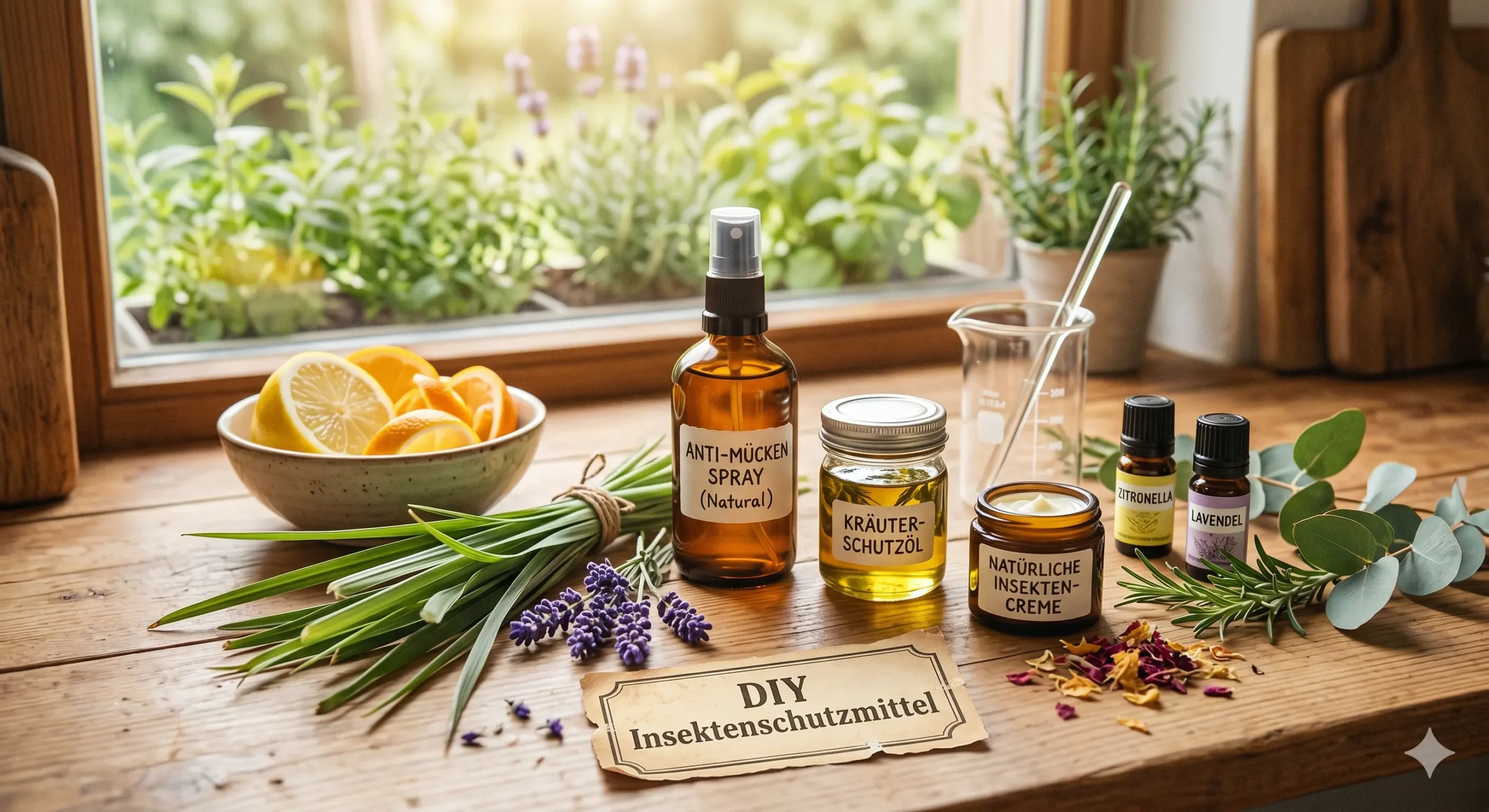 Natürliche Insektenschutzmittel selbst herstellen – Rezepte mit ätherischen Ölen (Neemöl, Zitronengrasöl), Knoblauch-Chili-Brühe sowie Tipps zu Nützlingen (Marienkäfer, Florfliegen) und mechanischen Barrieren gegen Blattläuse, Spinnmilben und Weiße Fliegen.