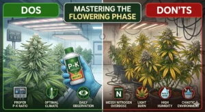 Blütephase meistern: Dos & Don'ts für gesunde Cannabispflanzen – Dos: regelmäßige Kontrolle, spezielle Blühdünger, 12h Licht, Temperatur 20-26°C, Luftfeuchtigkeit 40-50%. Don'ts: Überdüngung (verbrannte Blattspitzen), Staunässe (Wurzelfäule) und extreme Temperaturschwankungen vermeiden.