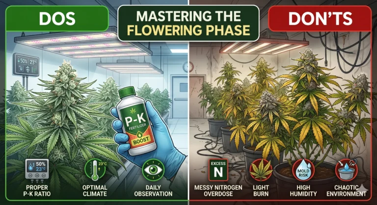 Blütephase meistern: Dos & Don'ts für gesunde Cannabispflanzen – Dos: regelmäßige Kontrolle, spezielle Blühdünger, 12h Licht, Temperatur 20-26°C, Luftfeuchtigkeit 40-50%. Don'ts: Überdüngung (verbrannte Blattspitzen), Staunässe (Wurzelfäule) und extreme Temperaturschwankungen vermeiden.