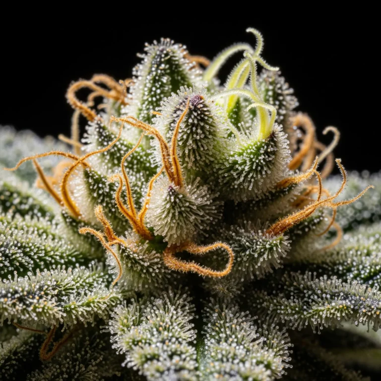 Nahaufnahme von milchigen und bernsteinfarbenen Trichomen einer reifen Cannabis Blüte.