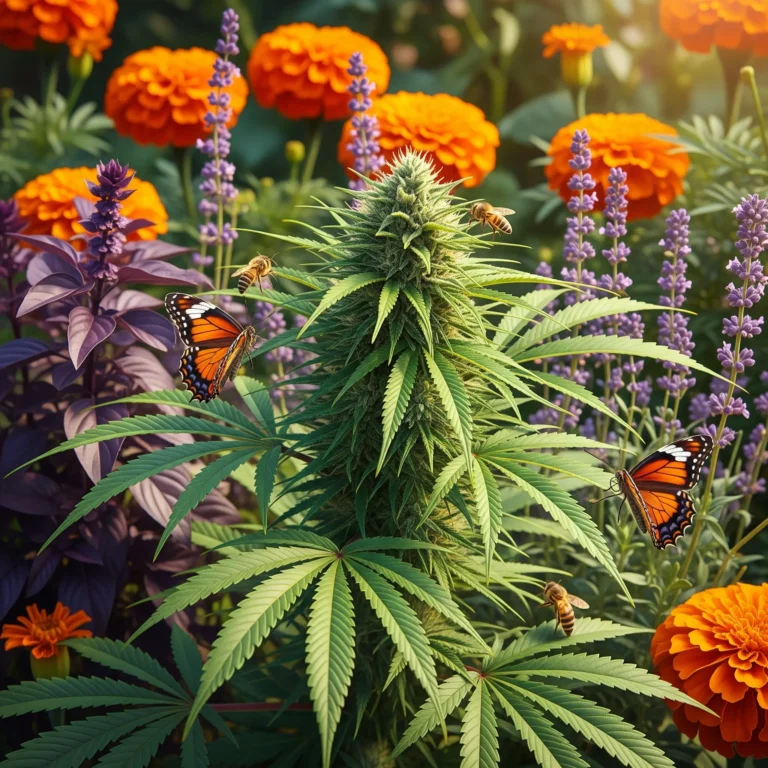 Begleitpflanzung bei Cannabis mit Basilikum und Lavendel zur Schädlingsabwehr.