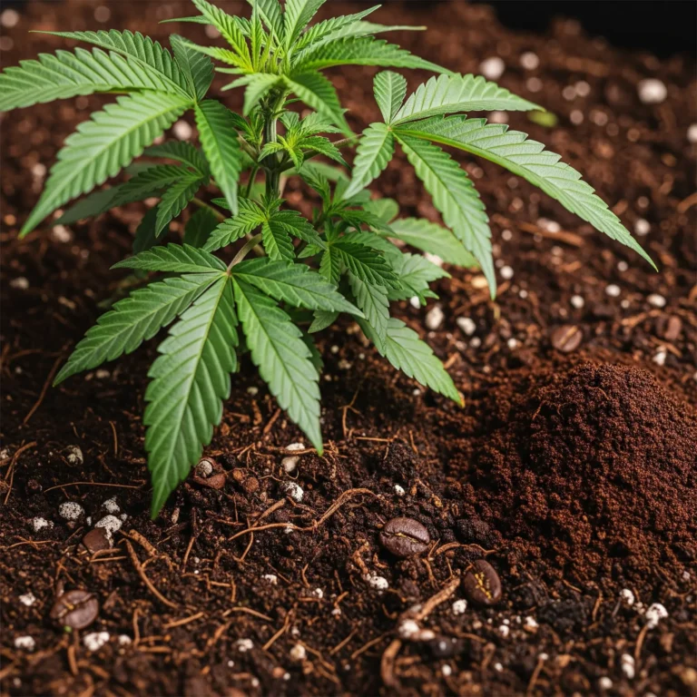 Kaffeesatz als natürlicher Dünger für Cannabispflanzen – getrockneter Kaffeesatz mit Nährstoffen (Stickstoff N für Blattwachstum, Phosphor P für Wurzelbildung, Kalium K für Krankheitsresistenz) zur Bodenverbesserung im ökologischen Cannabis-Anbau
