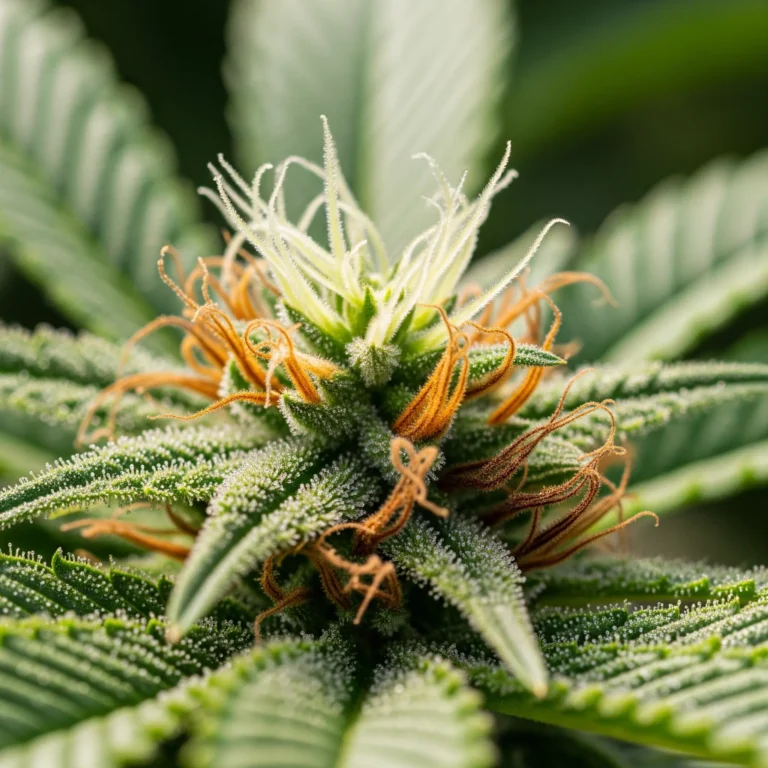 Pistill (Stempel) bei Cannabis – Aufbau und Funktion: Narbe (haarähnliche Strukturen zum Polleneinfang), Griffel und Fruchtknoten. Frische Pistille sind weiß, mit fortschreitender Reife verfärben sie sich orange, rot oder braun und deuten auf die Erntezeit hin. Nur weibliche Pflanzen bilden auffällige Pistille.