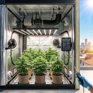 Indoor-Grow im Sommer – Methoden zur Temperaturkontrolle: Abluftsystem mit Aktivkohlefilter, oszillierende Ventilatoren, Beleuchtung in kühleren Nachtstunden, LED-Lampen (weniger Hitze als HPS), Klimageräte, reflektierende Mylar-Folie und automatische Thermostate gegen Hitzestress bei Cannabis.
