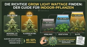 Grow-Light-Wattage für Indoor-Pflanzen – Vergleich von LED (300-400W) und NDL (600W) mit Empfehlungen für Keimlinge (100-200W/m²), Vegetation (300-400W/m²) und Blüte (400-600W/m²) – wichtiger als Watt sind PAR und PPFD.