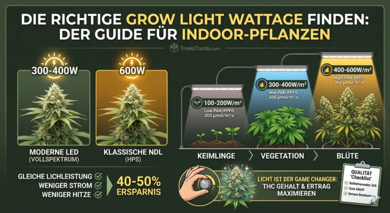 Grow-Light-Wattage für Indoor-Pflanzen – Vergleich von LED (300-400W) und NDL (600W) mit Empfehlungen für Keimlinge (100-200W/m²), Vegetation (300-400W/m²) und Blüte (400-600W/m²) – wichtiger als Watt sind PAR und PPFD.