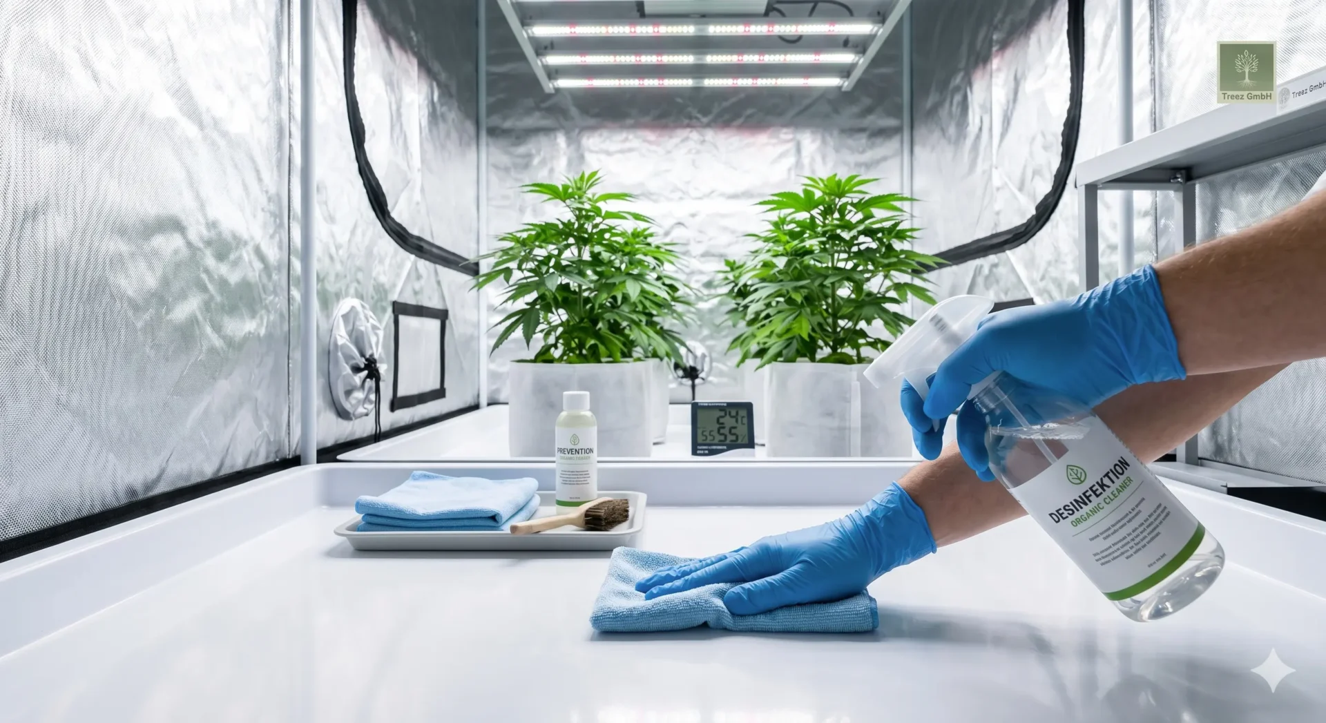 Professionell gereinigtes Growzelt mit gesunden Pflanzen und moderner LED-Beleuchtung.