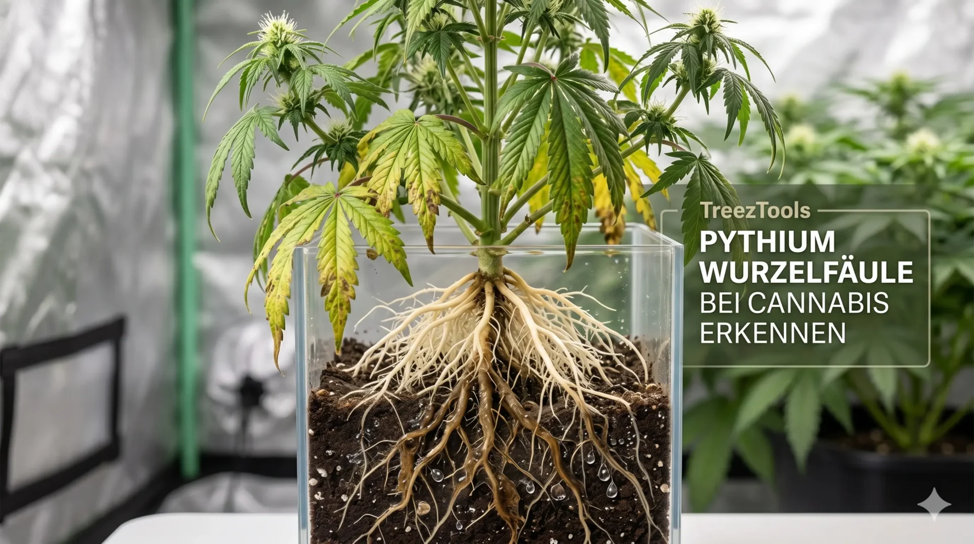 Vergleich von gesunden weißen Cannabis-Wurzeln und durch Pythium braun verfärbten Wurzeln.