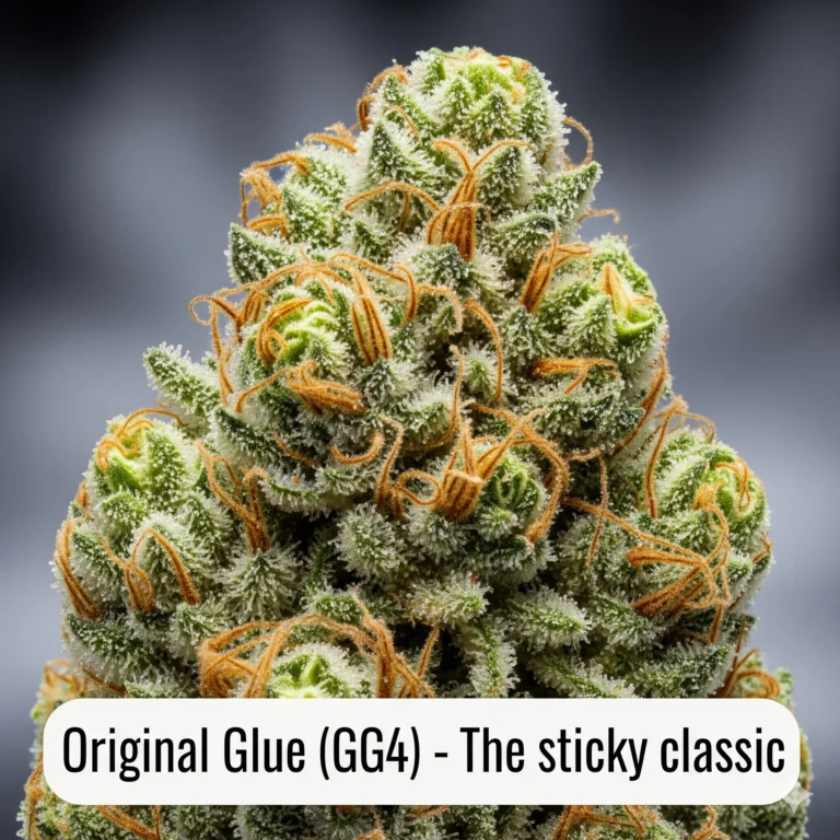 Original Glue (GG4) Strain Review – Extrem klebriger Klassiker mit 25-28% THC, dichten harzigen Buds und erdig-dieseligem Aroma im Grow von Treez Tools