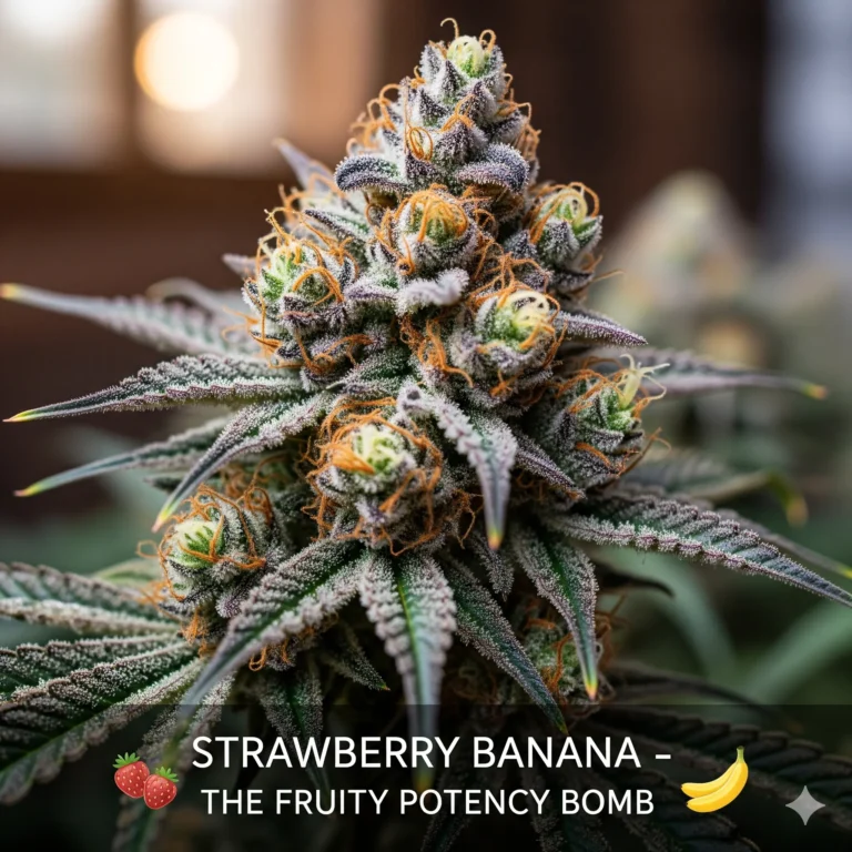 Strawberry Banana Strain Review – Fruchtige Potenz-Bombe von Serious Seeds (Bubble Gum x Banana Kush) mit über 25% THC, dichten harzigen Buds und intensivem Erdbeer-Banane-Aroma im Grow von Treez Tools