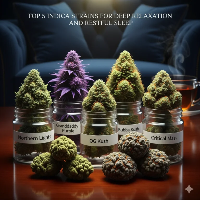Top 5 Indica-Strains für tiefe Entspannung – Northern Lights, Granddaddy Purple, OG Kush, Bubba Kush und Critical Mass im Vergleich mit THC-Werten, Aromen und optimalen Lichtrezepten von Treez Tools