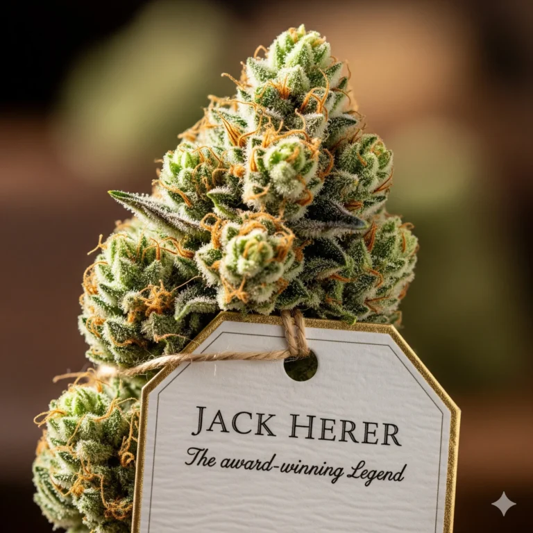 Jack Herer Strain Review – Preisgekrönte Legende von Sensi Seeds (Haze x Northern Lights #5 x Shiva Skunk) mit würzig-pinien Aroma, dichten golden-grünen Buds und ausgewogener kreativer Wirkung im Grow von Treez Tools