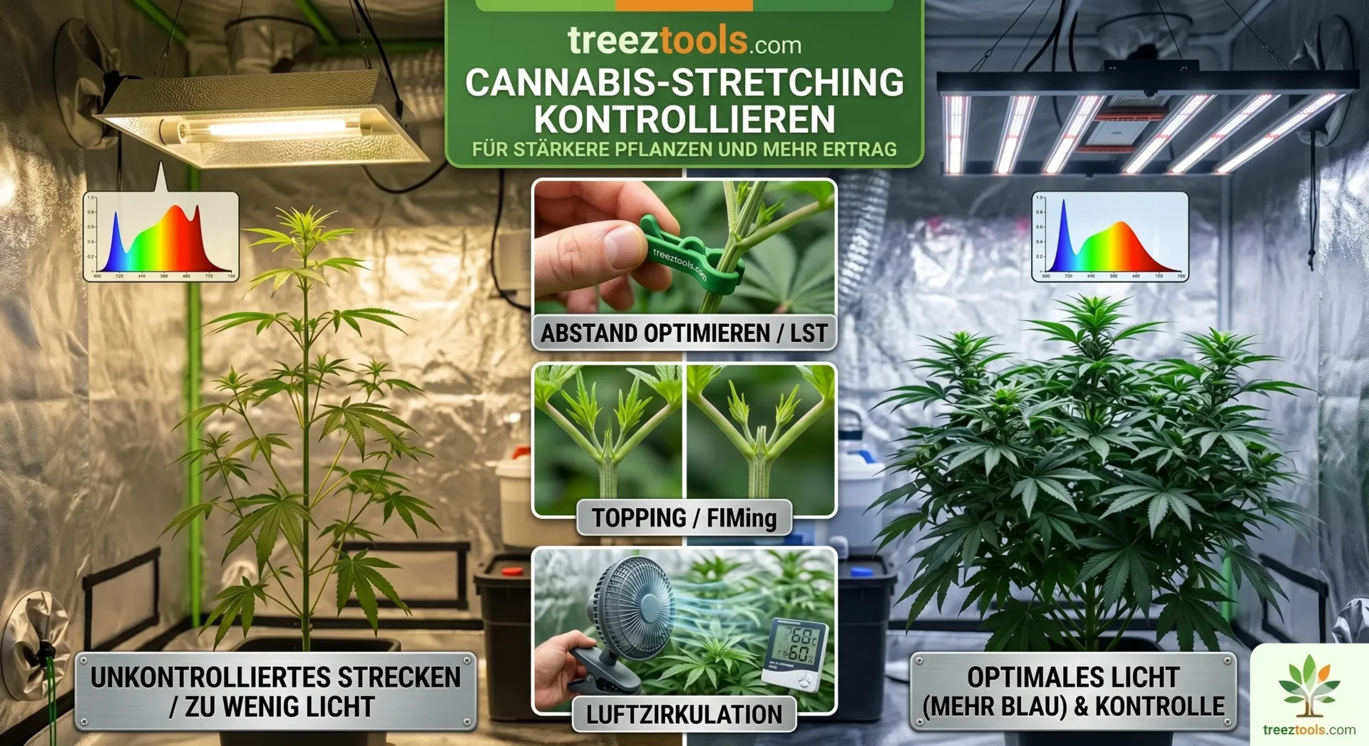 Cannabis-Stretching kontrollieren – Vergleich von gestreckten Sativas (starkes Höhenwachstum) und kompakten Indicas mit Methoden zur Kontrolle: Lichtmanagement mit Vollspektrum-LEDs und Rotlicht (660nm), Trainingstechniken wie LST, Topping und SCROG sowie Klimasteuerung mit Nachtabsenkung und reduziertem Stickstoff