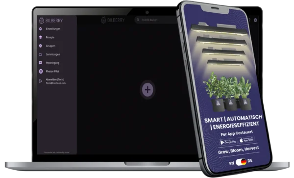 Bilberry Essentials App zur Steuerung der Smart Grow Lights auf Laptop und Smartphone