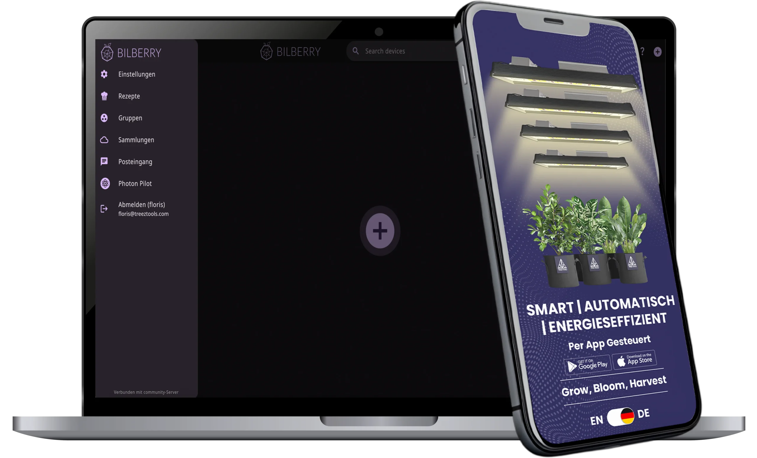 Bilberry Essentials App zur Steuerung der Smart Grow Lights auf Laptop und Smartphone