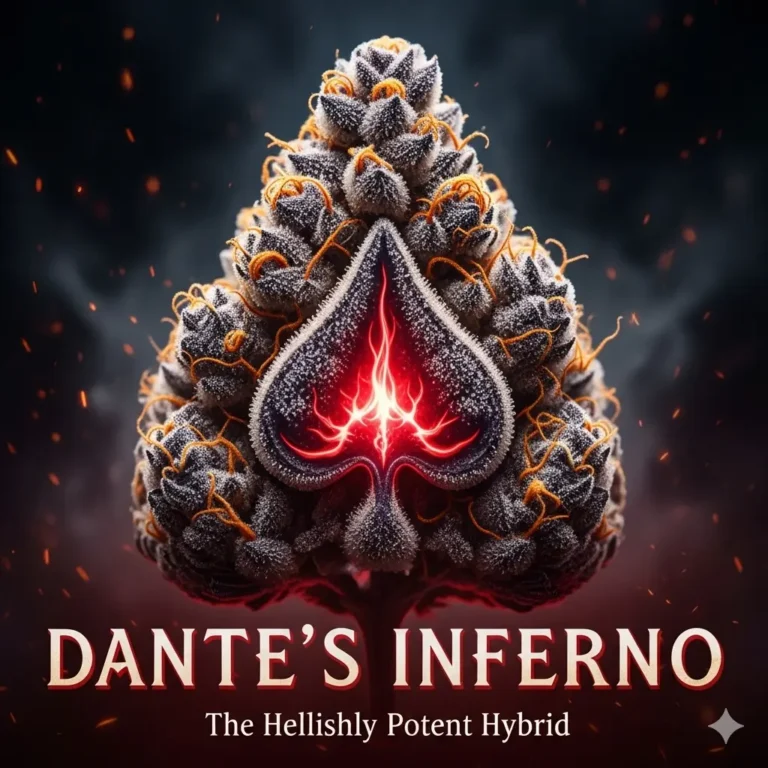 Dante's Inferno Strain Review – Extrem potente Cannabis-Blüten mit über 30% THC, dichten Trichomen und violetten Akzenten im Grow von Treez Tools