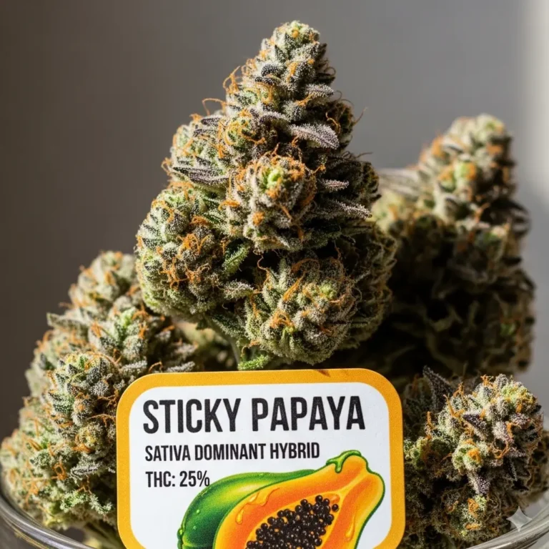 Sticky Papaya Strain Review – Tropisch-aromatische Cannabis-Blüten mit 18-22% THC und extrem klebriger Harzschicht im Grow von Treez Tools