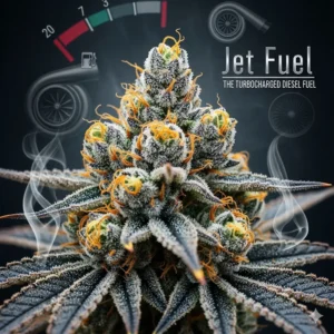 now create me an image of: cannabis strain: Jet Fuel - Der turbogeladene Diesel-Kraftstoff