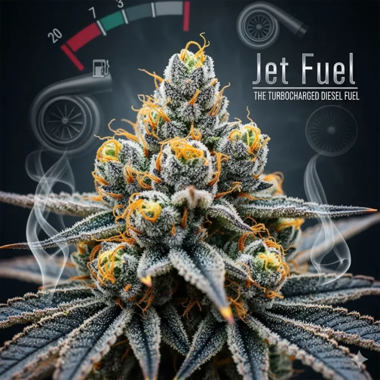Jet Fuel Strain Cannabis Blüte mit dichten, harzigen Buds, orangefarbenen Pistillen und milchigen Trichomen
