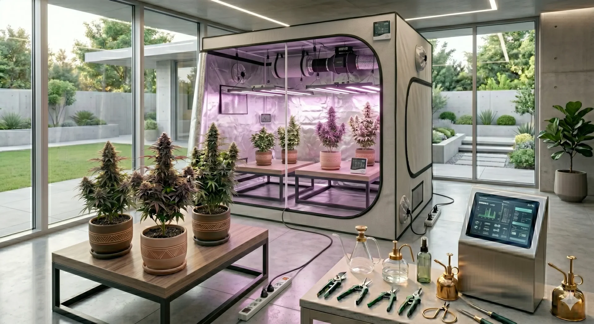 Gesunde Cannabis Pflanze in einer Growbox ohne Anzeichen von Stress oder Fehlern.