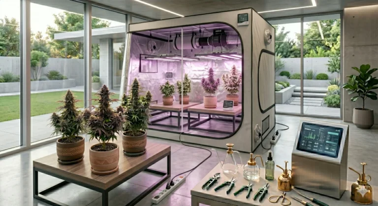 Gesunde Cannabis Pflanze in einer Growbox ohne Anzeichen von Stress oder Fehlern.