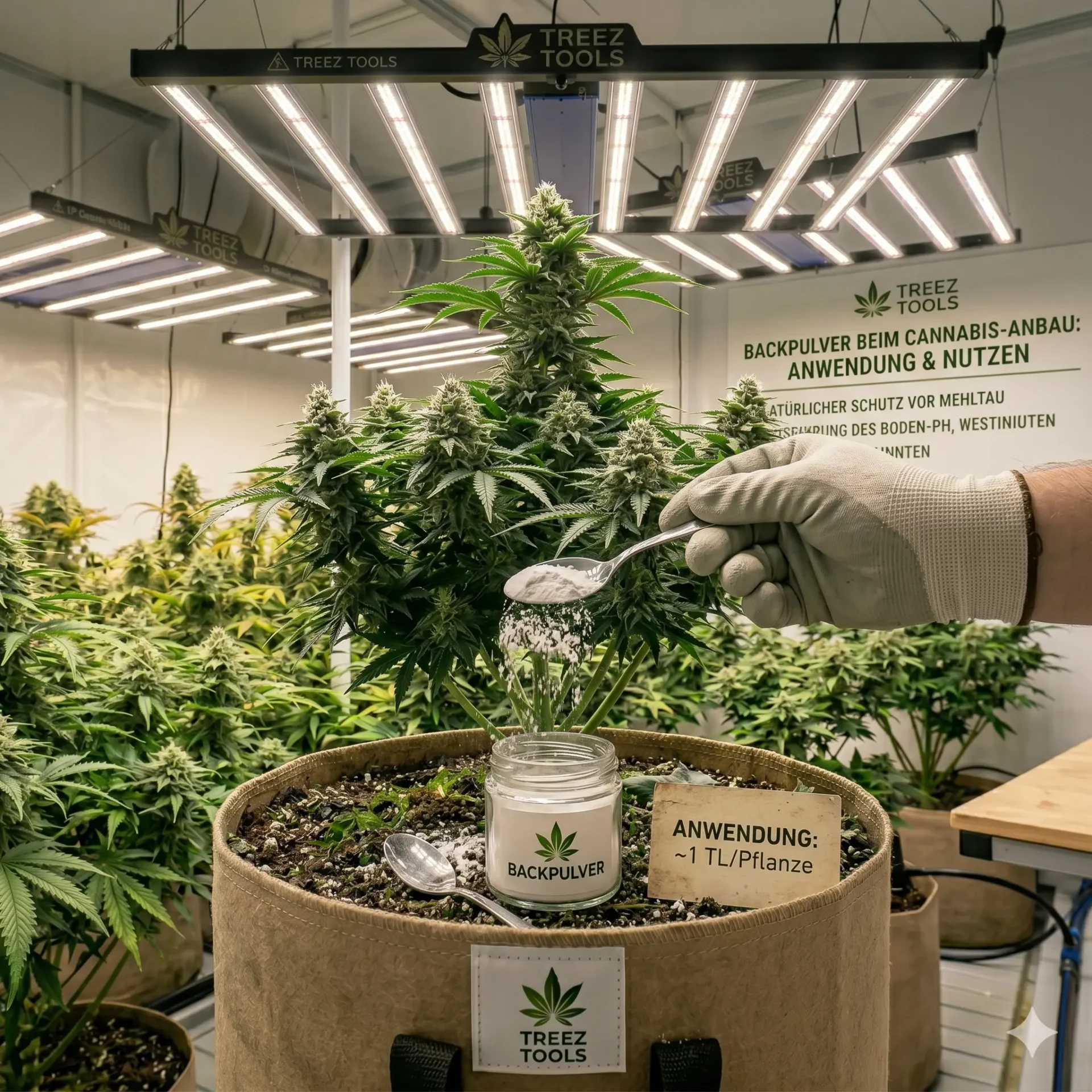 Anwendung einer Backpulver-Lösung gegen Mehltau auf Cannabis-Blättern.