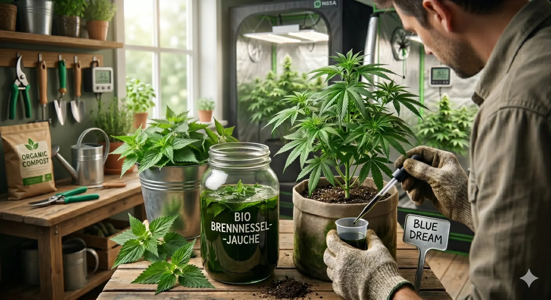 Herstellung von Brennnesseljauche als organischer Stickstoffdünger für Cannabis Pflanzen.