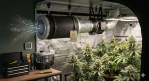 Aktivkohlefilter Montage in einer Growbox zur Geruchskontrolle von Cannabis.