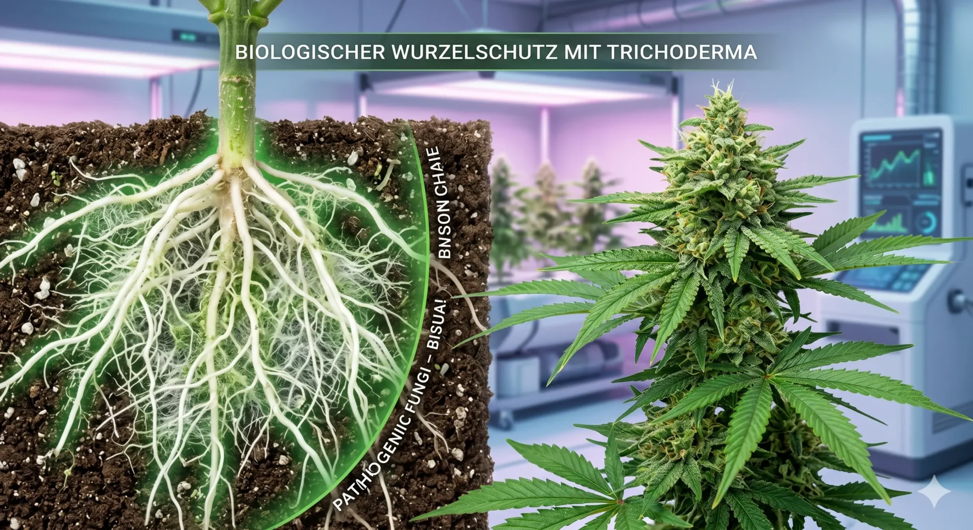 Anwendung von Trichoderma Pilzpulver zum Schutz der Cannabis Wurzeln beim Umtopfen.