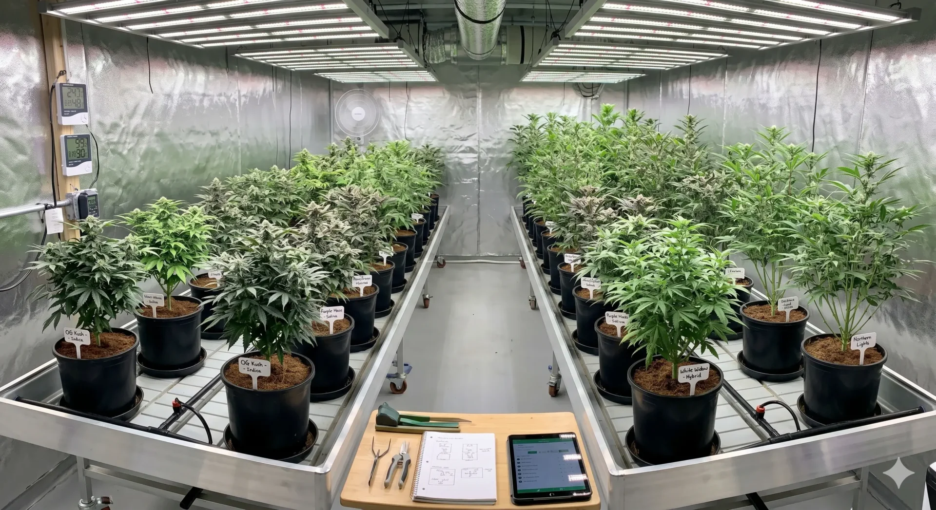 Verschiedene Cannabissorten mit unterschiedlichen Wuchshöhen in einer Growbox unter LED Licht.