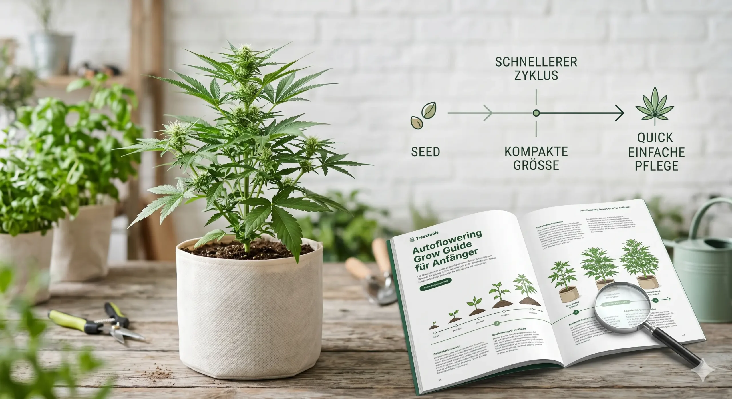 Blühende Autoflowering Cannabis Pflanze in einer kompakten Growbox unter LED Licht.