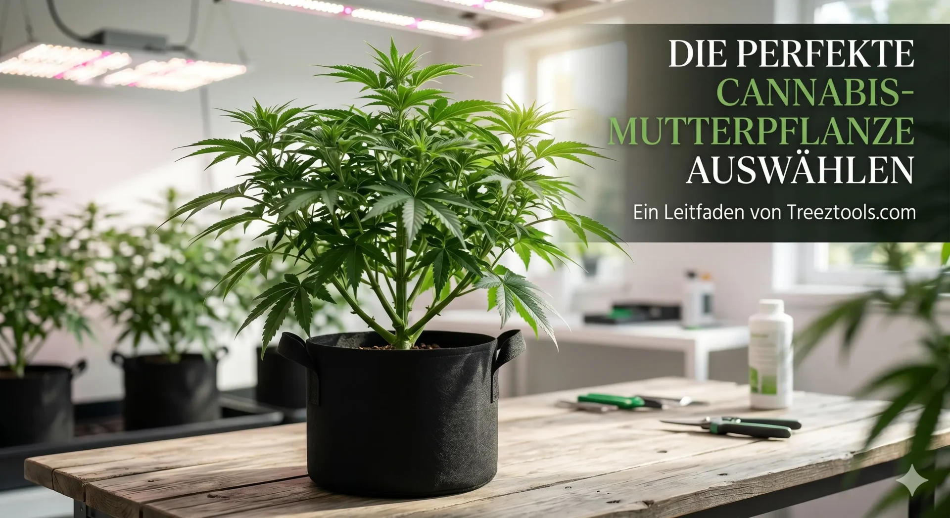 Selektion einer gesunden Cannabis Mutterpflanze für die Stecklingsproduktion unter LED Licht.