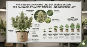 Detaillierte Darstellung der Cannabis Anatomie mit Wurzeln, Blättern und Trichomen.